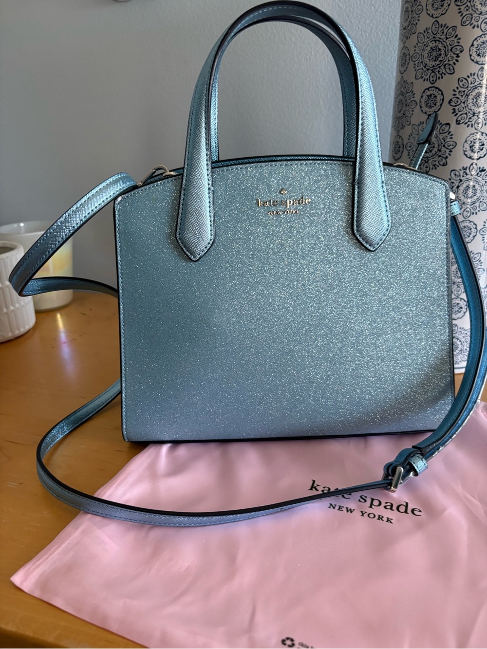 Kate Spade Tinsel Glitter Satchel Frosty Sky Blue K9337 Crossbody Bag